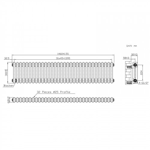 Radiador Tradicional de 2 Columnas y Válvulas - 300 x 1460mm - Metal Crudo