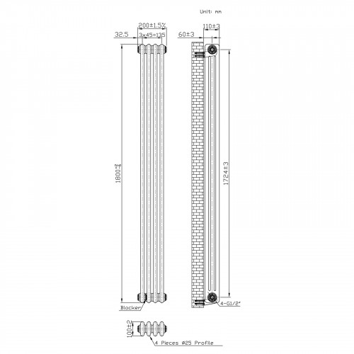 Radiador Tradicional de 3 Columnas y Válvulas - 1800 x 200mm - Metal Crudo