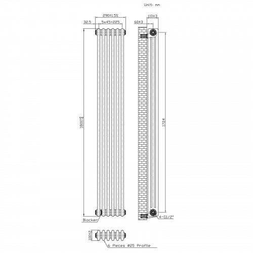 Radiador Tradicional de 3 Columnas y Válvulas - 1800 x 290mm - Metal Crudo