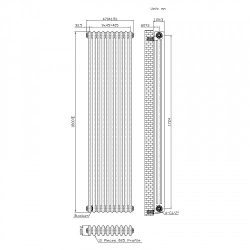 Radiador Tradicional de 3 Columnas y Válvulas - 1800 x 470mm - Metal Crudo