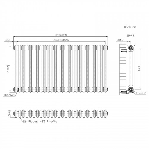 Radiador Tradicional de 3 Columnas y Válvulas - 600 x 1190mm - Metal Crudo