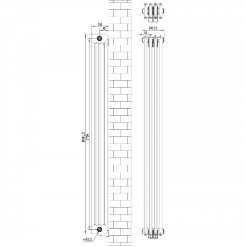 Radiador Tradicional de 4 Columnas y Válvulas – 1800 x 200 mm – Gris Antracita