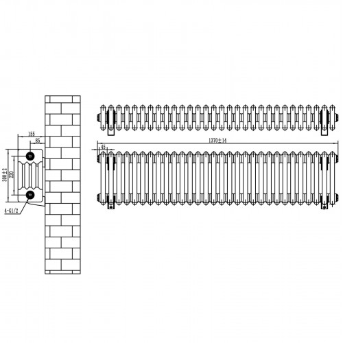 Radiador Tradicional de 4 Columnas y Válvulas – 300 x 1370 mm – Gris Antracita