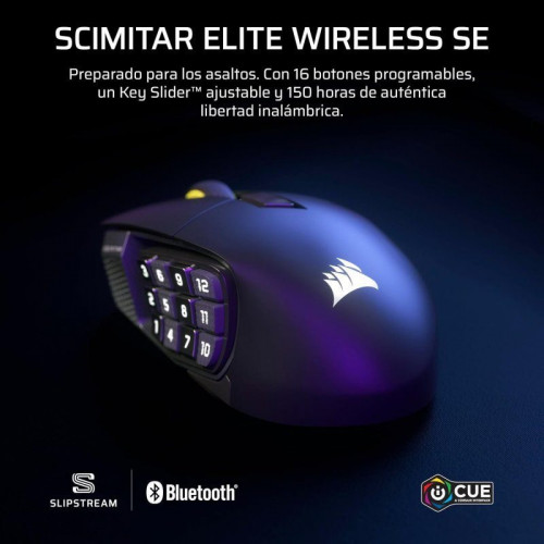 Ratón Corsair inalámbrico Scimitar ELITE WL SE. 33000 DPI 16 botones Key Slider RGB 150h batería Negro
