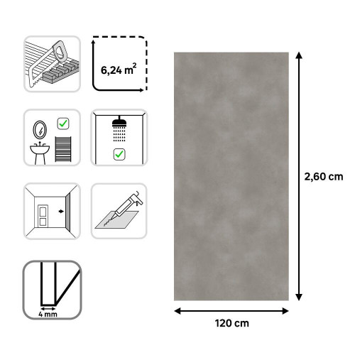 Revestimiento de pared decorativo efecto cemento vinílico SPC Core gris de 260x120cm