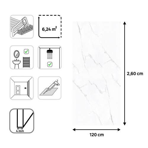 Revestimiento de pared decorativo efecto mármol vinílico SPC Marbre Calacatta blanco de 260x120cm