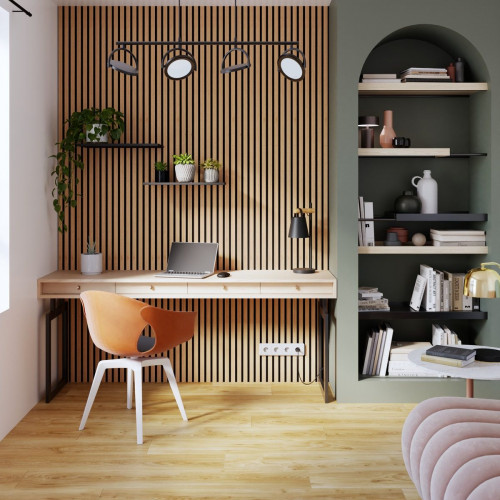 Revestimiento de pared palillería efecto 3D MDF acústico Inari Artens roble 5 lamas de 260x30cm