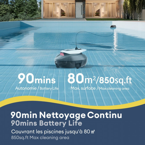 Robot Limpiafondos Piscina P10, 2.5L , 90Min, 80m², Recogida sin Poste, Estacionamiento Automático, Aspirador Piscina Fondos sin Cable con 2 Motores