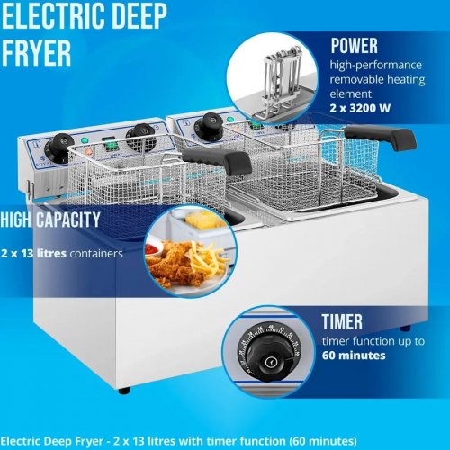 Royal Catering Freidora eléctrica doble 2 x 13 litros con temporizador