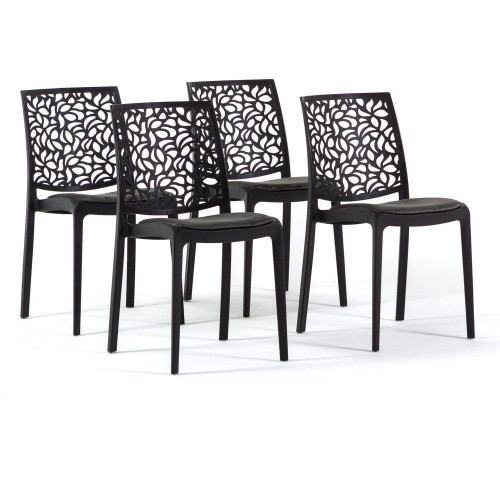 Set de 4 sillas Anna Soft apilables negras en resina con fibra de vidrio y cojín gris oscuro para interior