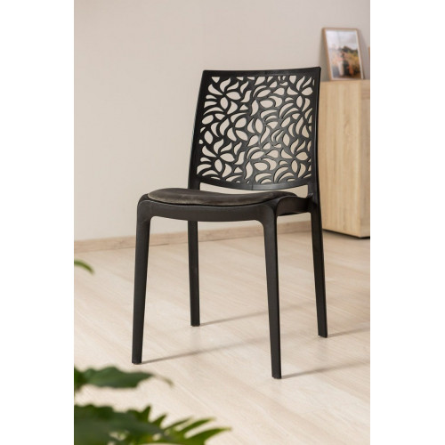 Set de 4 sillas Anna Soft apilables negras en resina con fibra de vidrio y cojín gris oscuro para interior