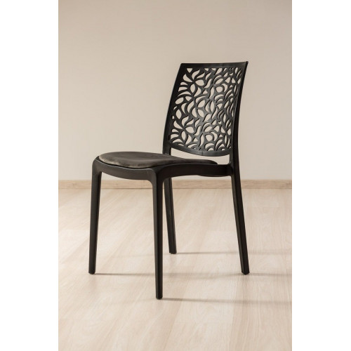 Set de 4 sillas Anna Soft apilables negras en resina con fibra de vidrio y cojín gris oscuro para interior