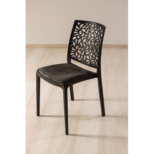 Set de 4 sillas Anna Soft apilables negras en resina con fibra de vidrio y cojín gris oscuro para interior