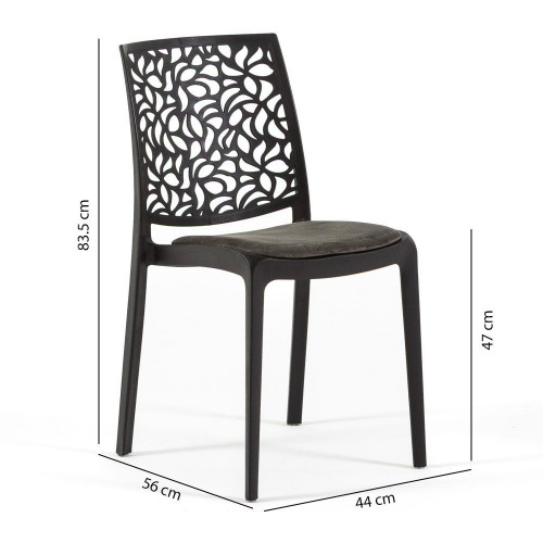 Set de 4 sillas Anna Soft apilables negras en resina con fibra de vidrio y cojín gris oscuro para interior