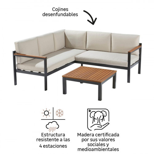 Set de porche esquinero de aluminio y madera NATERIAL Oris II para 5 personas