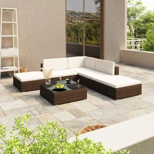 Set Muebles de Jardín 6 Piezas Y Cojines Ratán Sintético Blanco Vidaxl
