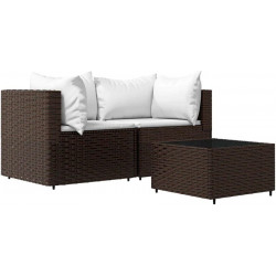 Set muebles de jardín muebles de exterior 3 piezas y cojines ratán sintético marrón