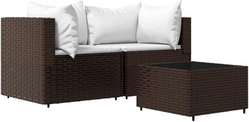 Set muebles de jardín muebles de exterior 3 piezas y cojines ratán sintético marrón