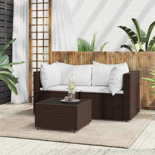 Set muebles de jardín muebles de exterior 3 piezas y cojines ratán sintético marrón