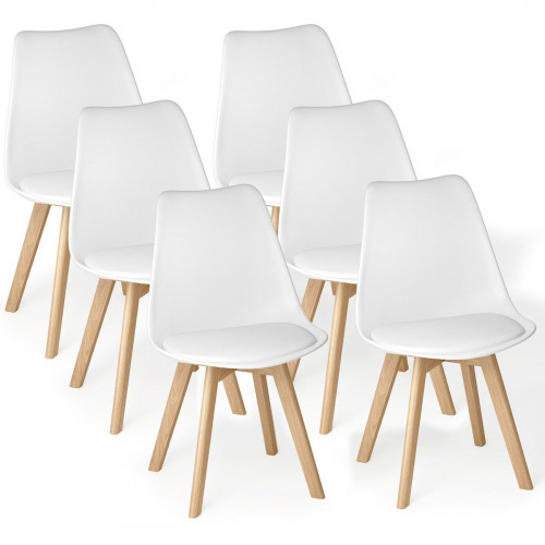 Silla de cocina 6 plazas blanca,diseño escandinavo moderno,respaldo ergonómico,patas de madera maciza,asiento acolchado impermeable