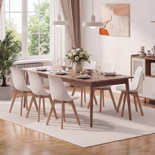 Silla de cocina 6 plazas blanca,diseño escandinavo moderno,respaldo ergonómico,patas de madera maciza,asiento acolchado impermeable