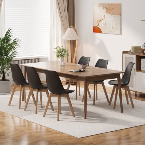 Silla de cocina 6 plazas negra,diseño escandinavo moderno,respaldo ergonómico,patas de madera maciza,asiento acolchado impermeable