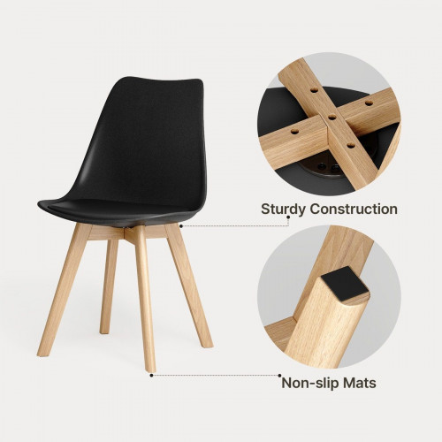 Silla de cocina 6 plazas negra,diseño escandinavo moderno,respaldo ergonómico,patas de madera maciza,asiento acolchado impermeable
