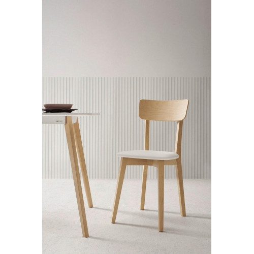Silla de cocina Zaida con estructura de madera de haya natural y asiento michigan blanco