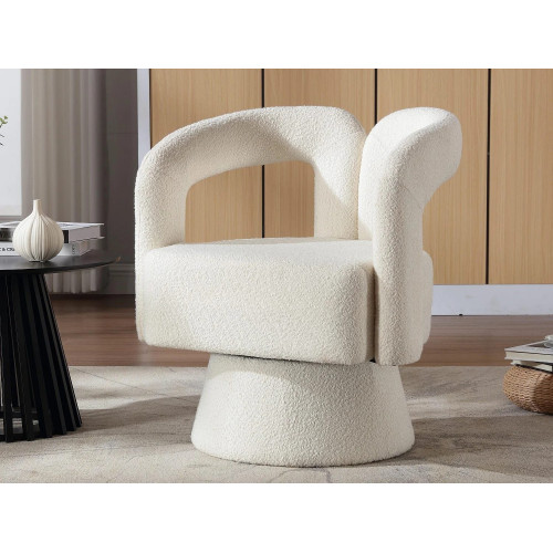 Silla giratoria 360°, sillón giratorio en tejido bouclé, sillón lounge con reposabrazos, sillón relax de respaldo alto con apoyabrazos