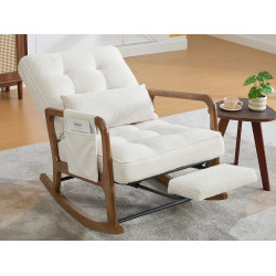 Silla mecedora de madera con reposapiés respaldo 3 posiciones pana y cojín lumbar