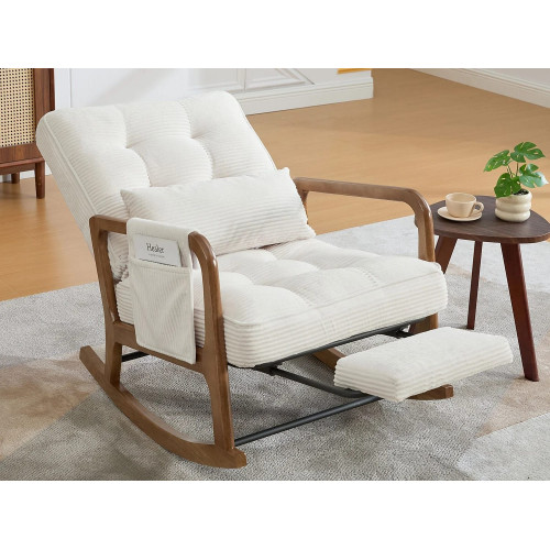Silla mecedora de madera con reposapiés respaldo 3 posiciones pana y cojín lumbar