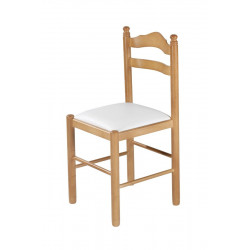 Silla Monica barnizado natural asiento polipiel blanco