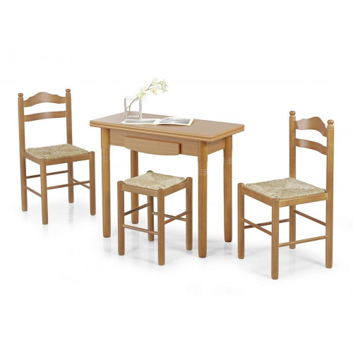 Silla Monica barnizado natural asiento polipiel blanco