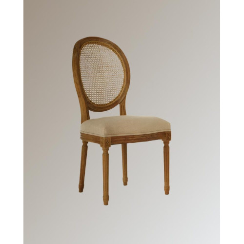 Silla redonda de madera de roble con rejilla tapizada en lino Fulham Beige