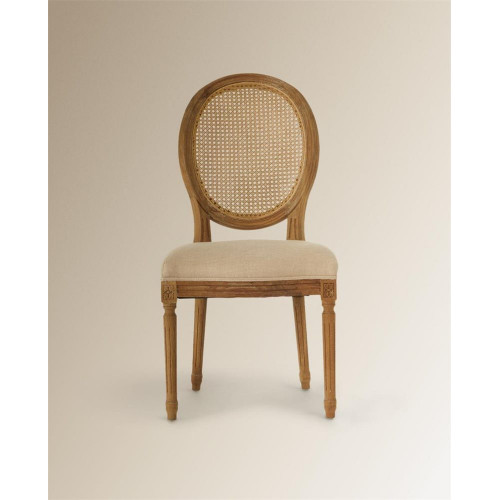 Silla redonda de madera de roble con rejilla tapizada en lino Fulham Beige