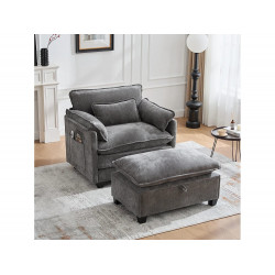 Sillón con reposapiés con almacenamiento y cojín - Tela de chenilla - Gris