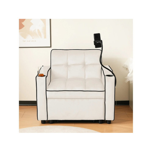 Sillón convertible, en terciopelo, con soporte de copa y soporte telefónico, 75/167x83x76cm, beige