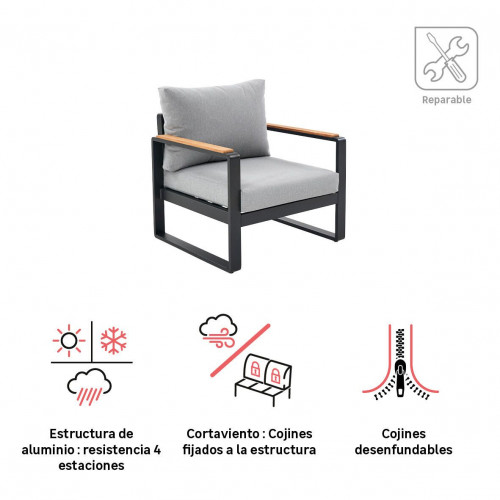 Sillón de jardín con cojín de jardín de aluminio Persea gris