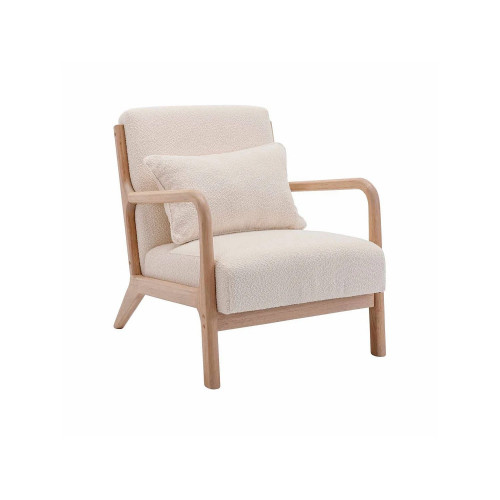 Sillón escandinavo de madera y tela de borreguito texturizado beige