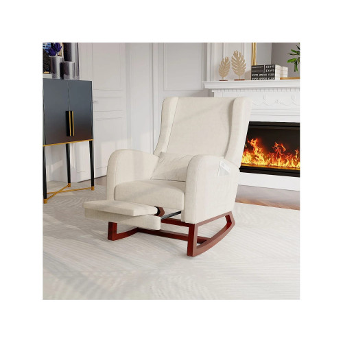Sillón mecedor beige de terciopelo con reposapiés, cojín lumbar ergonómico y bolsillos laterales de almacenamiento