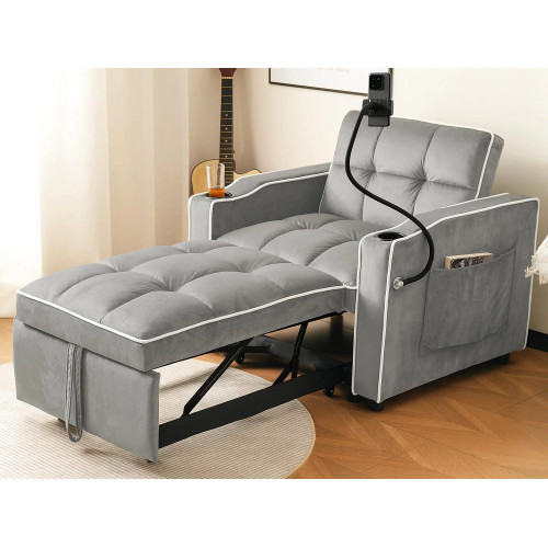 Sillón retráctil de terciopelo - con portavasos + soporte para teléfono móvil - Gris claro
