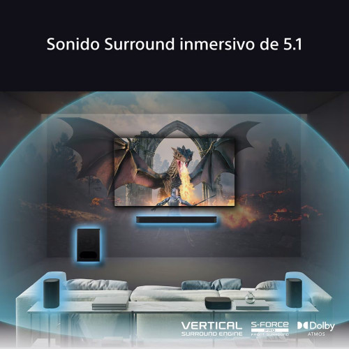 Sistema Cine en casa Sony BRAVIA Theatre SYSTEM 6, 1000W con barra de sonido 5.1, 2 altavoces traseros y un potente subwoofer, Dolby Atmos y DTS:X Negro
