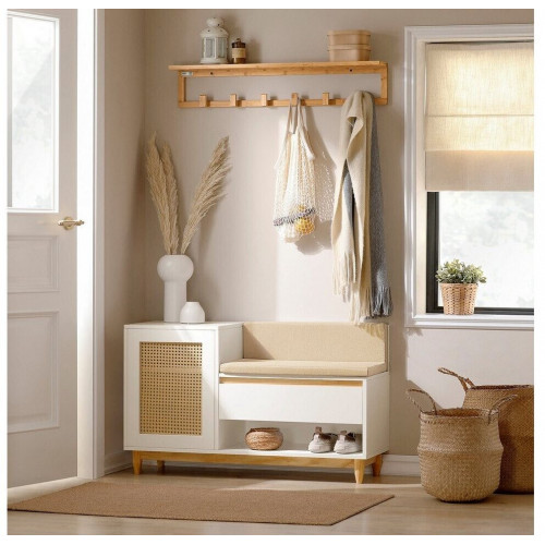 SoBuy Banco Zapatero con Almacenamiento Diseño Rejilla Blanco-Natural 100x35x60cm (FSR128-W)