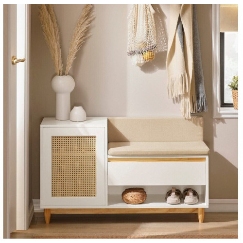 SoBuy Banco Zapatero con Almacenamiento Diseño Rejilla Blanco-Natural 100x35x60cm (FSR128-W)