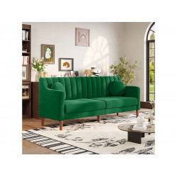 Sofá 3 plazas de terciopelo - patas de madera maciza 19cm - con 2 cojines - 206x74x83cm - Verde
