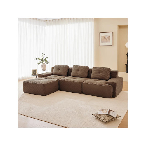 Sofá 3 plazas Esquina Modular en Pana, con otomana y 3 cojines, 293x177x69cm, Marrón
