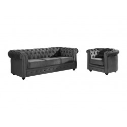 Sofá 3 plazas y sillón de terciopelo - Gris antracita - CHESTERFIELD