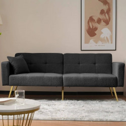 Sofá cama 175cm conversível, ângulo regulável, pernas douradas, tecido sherpa, bolsos laterais, para sala e convidados