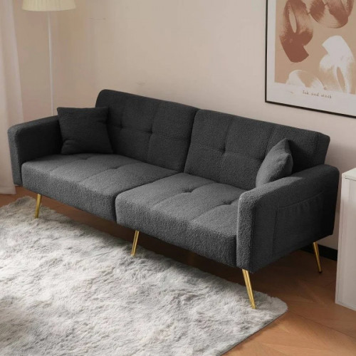 Sofá cama 175cm conversível, ângulo regulável, pernas douradas, tecido sherpa, bolsos laterais, para sala e convidados