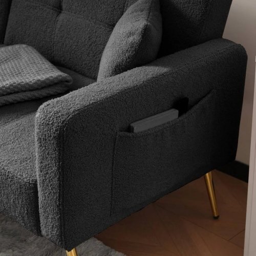 Sofá cama 175cm conversível, ângulo regulável, pernas douradas, tecido sherpa, bolsos laterais, para sala e convidados